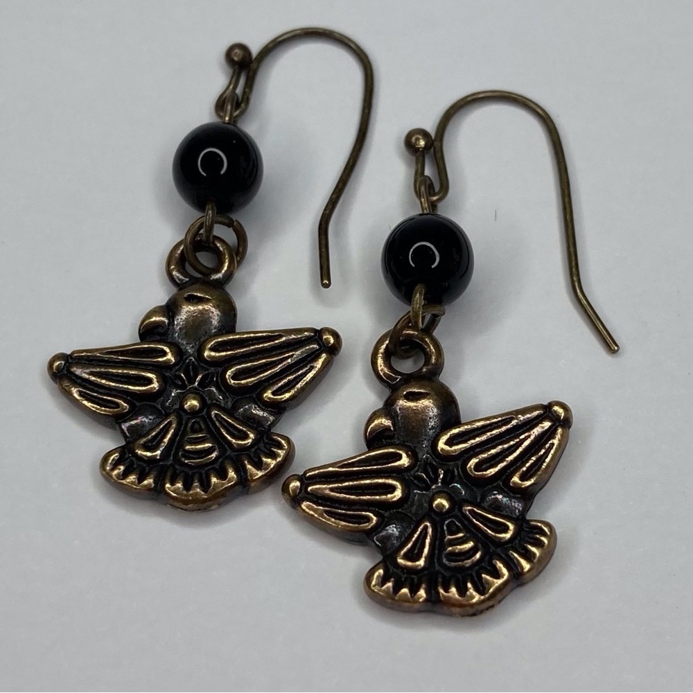 HAND CRAFTED Thunderbird EARRINGS Onyx Gold Charm Drop NWT